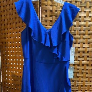 NWT London Times Ruffled Feaux Wrap Midi Dress In Royal Blue